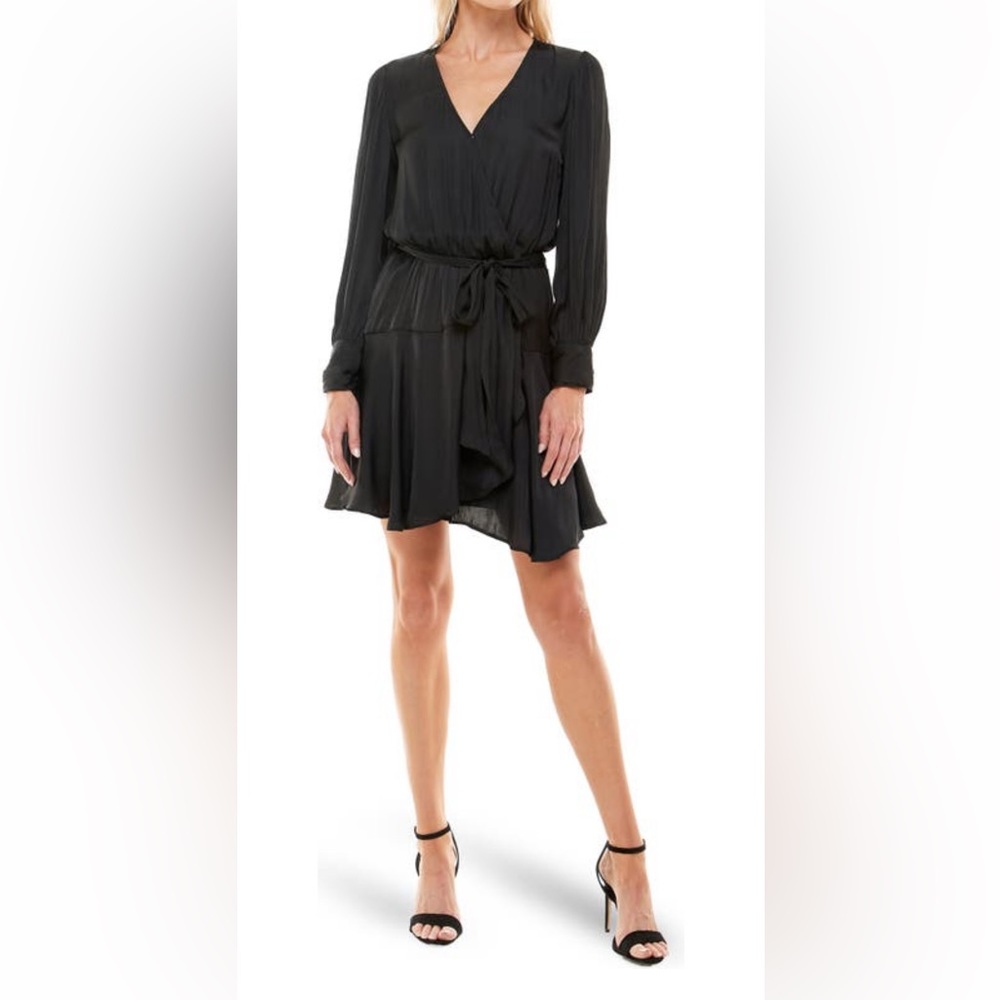 Socialite Satin Long Sleeve Faux Wrap Dress